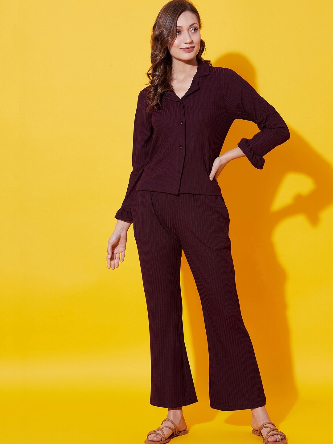 

The Kaftan Company Striped Night Suit, Burgundy