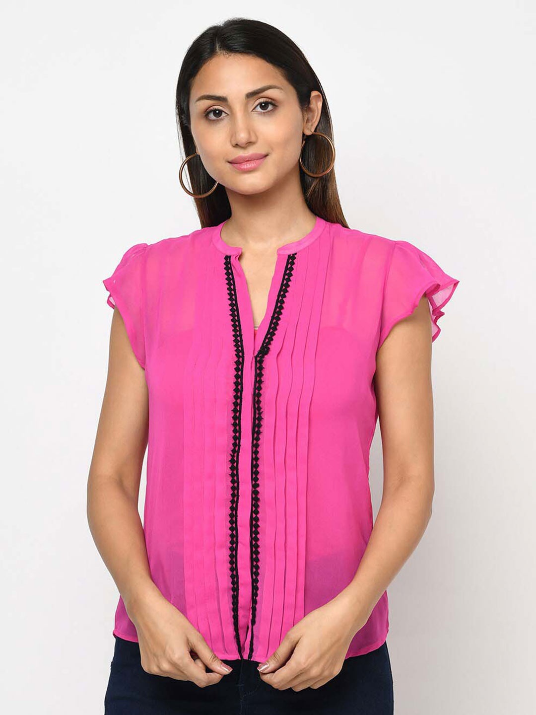 

WESTCLO Mandarin Collar Flutter Sleeve Georgette Top, Pink