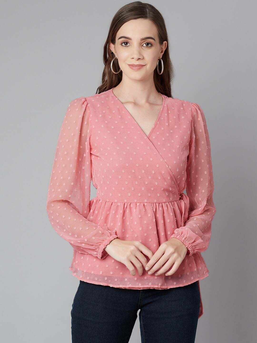 

WESTCLO Polka Dot Print Wrap Top, Pink