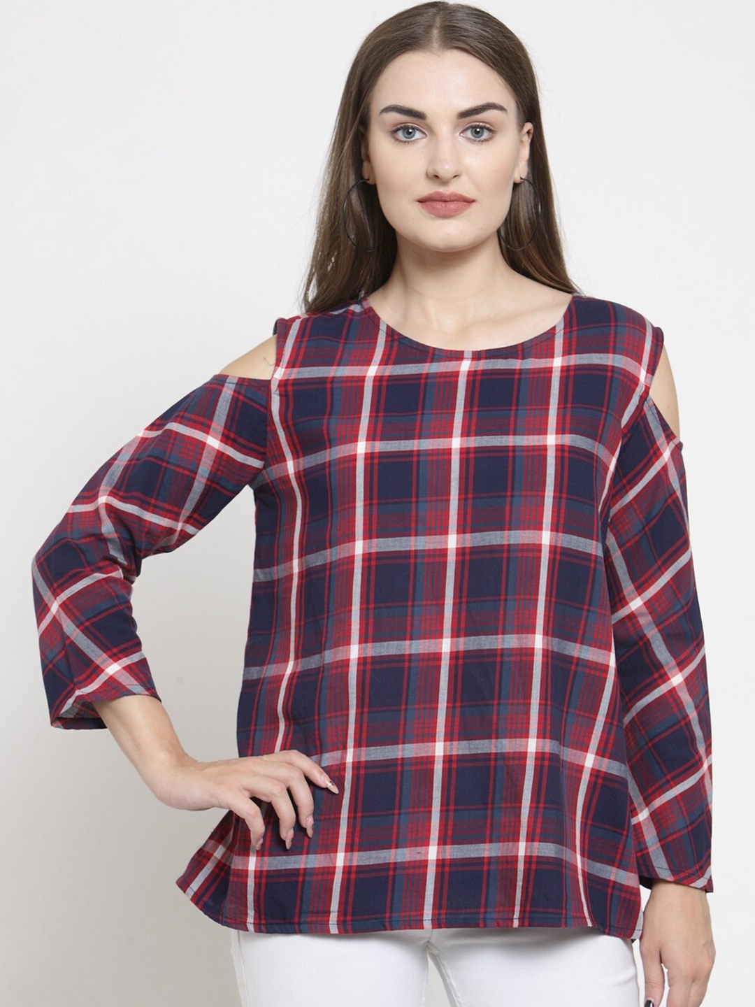 

WESTCLO Checked Round Neck Cold-Shoulder Top, Maroon