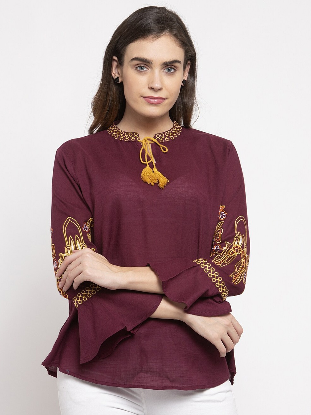 

WESTCLO Floral Embroidered Tie-Up Neck Top, Maroon