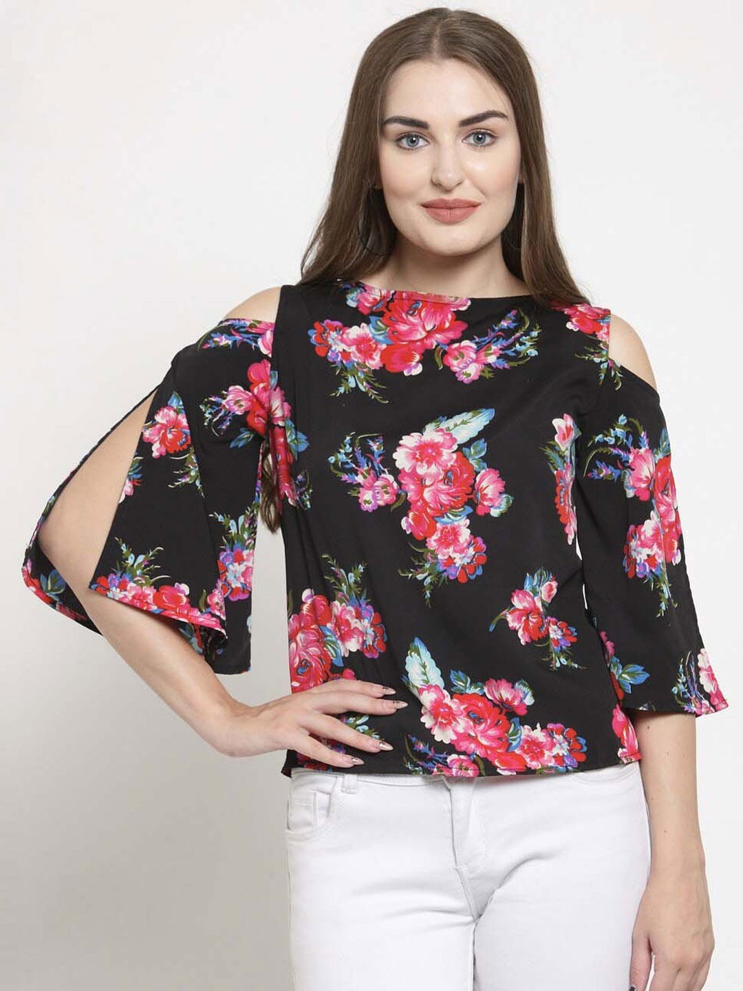 

WESTCLO Floral Print Slit Sleeve Top, Black