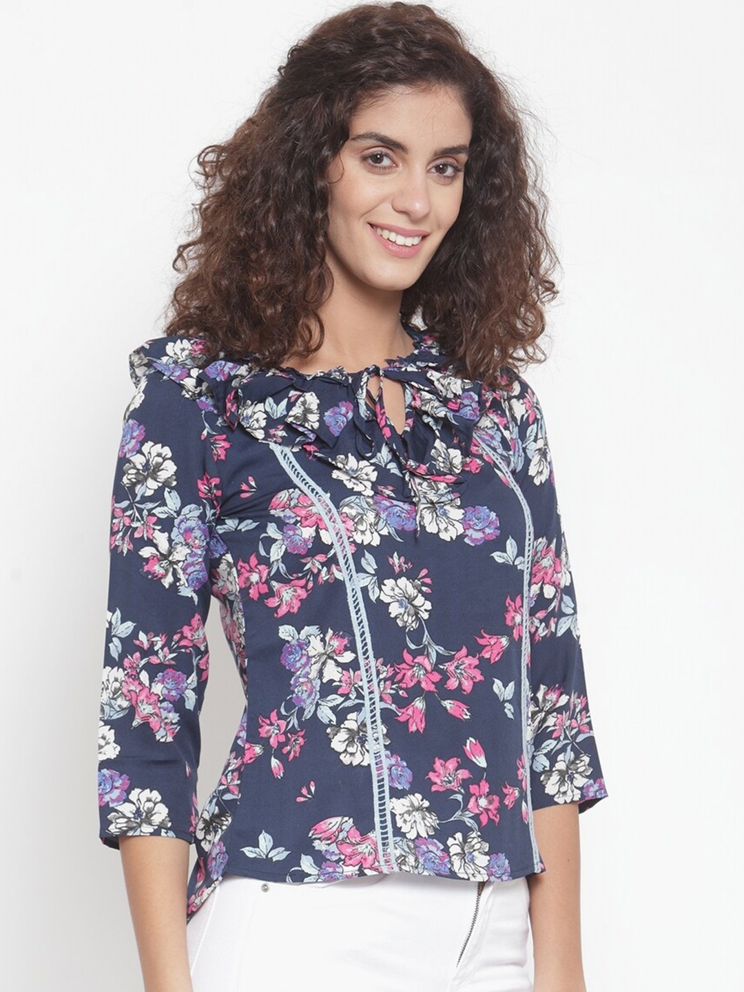 

WESTCLO Floral Print Tie-Up Neck Georgette Top, Blue