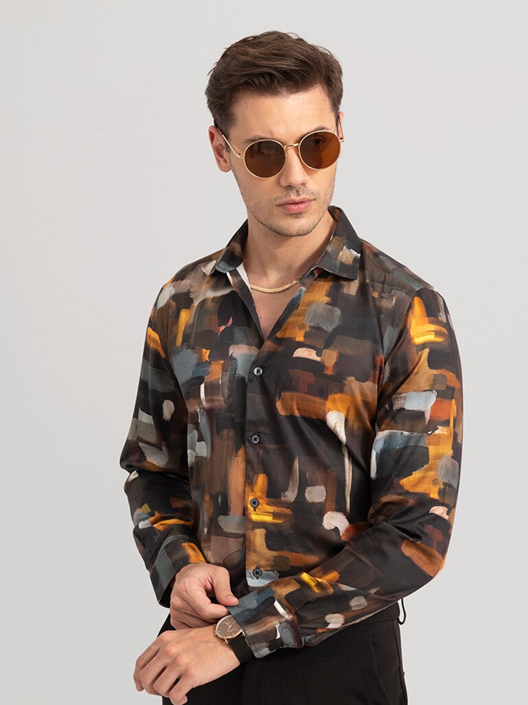 

Snitch Abstract Printed Spread Collar Cotton Slim Fit Casual Shirt, Brown