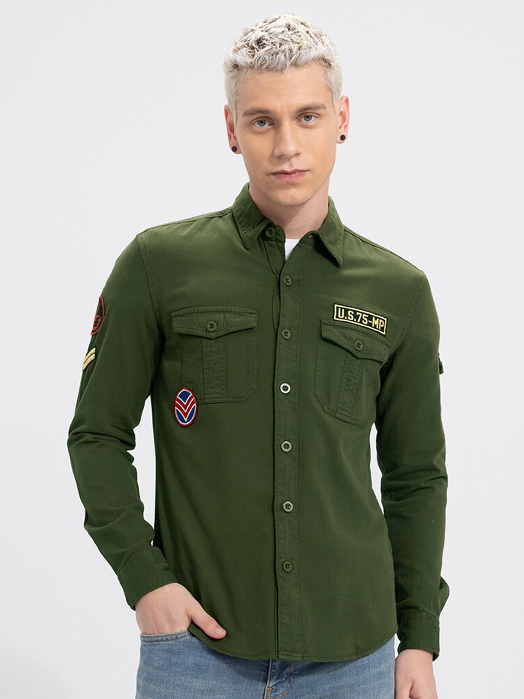 

Snitch Spread Collar Cotton Slim Fit Casual Shirt, Olive
