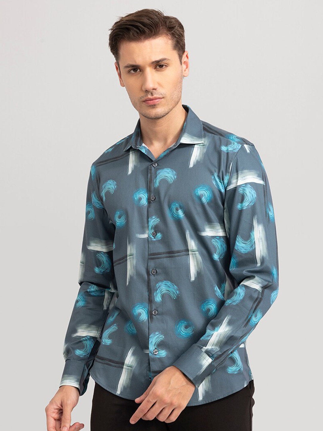 

Snitch Blue Abstract Printed Long Sleeves Slim Fit Cotton Casual Shirt