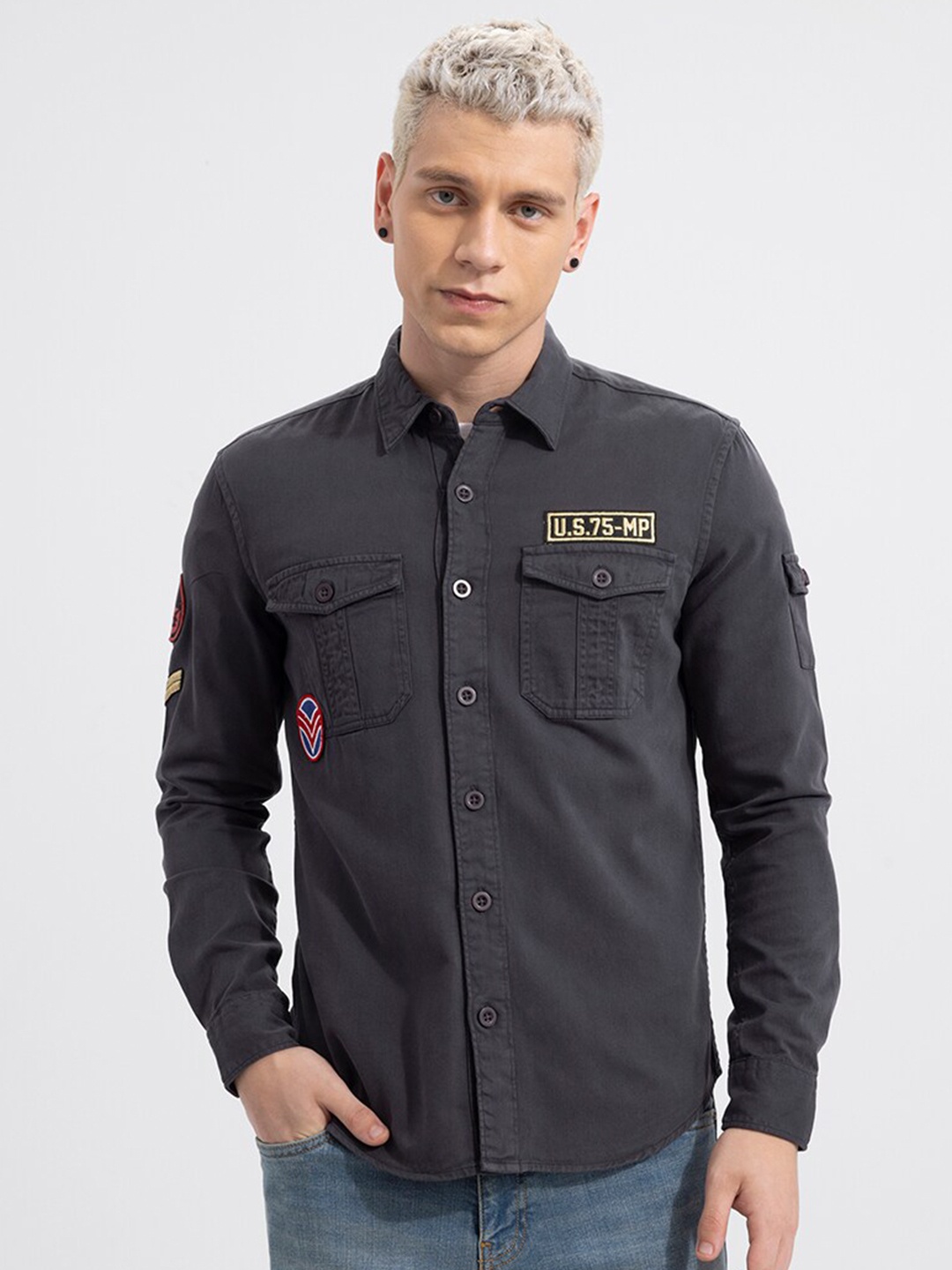 

Snitch Spread Collar Cotton Slim Fit Casual Shirt, Grey
