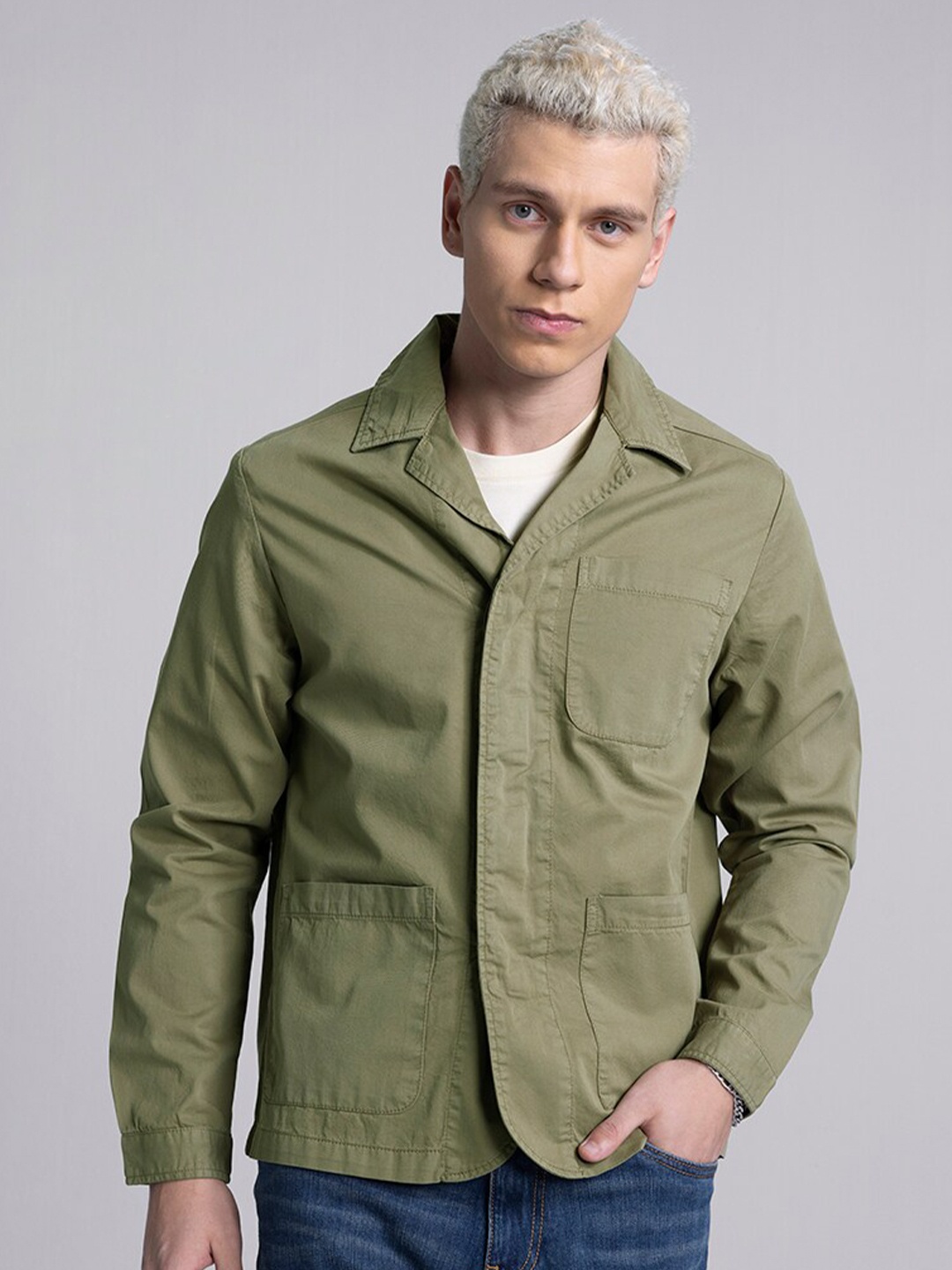 

Snitch Cuban Collar Slim Fit Cotton Casual Shirt, Olive