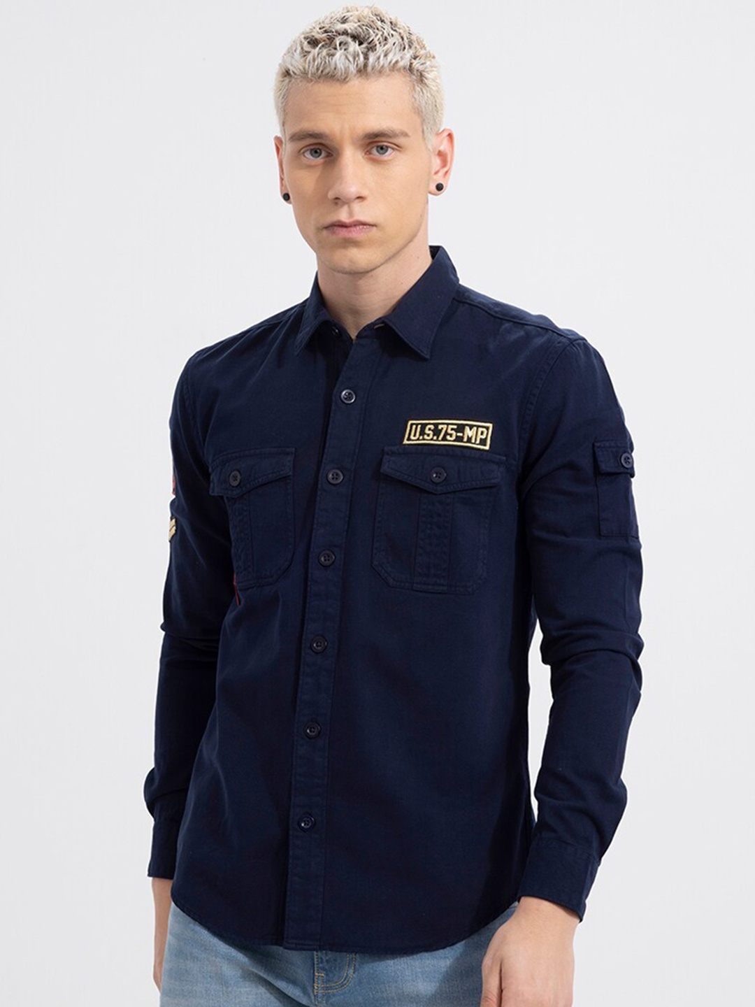 

Snitch Spread Collar Cotton Slim Fit Casual Shirt, Navy blue