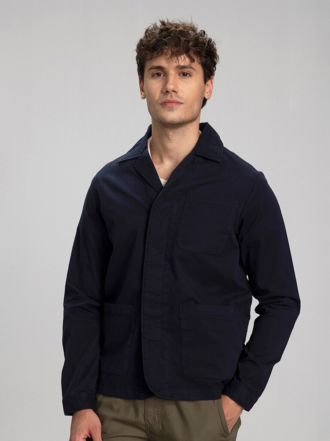 

Snitch Cuban Collar Cotton Slim Fit Casual Shirt, Navy blue