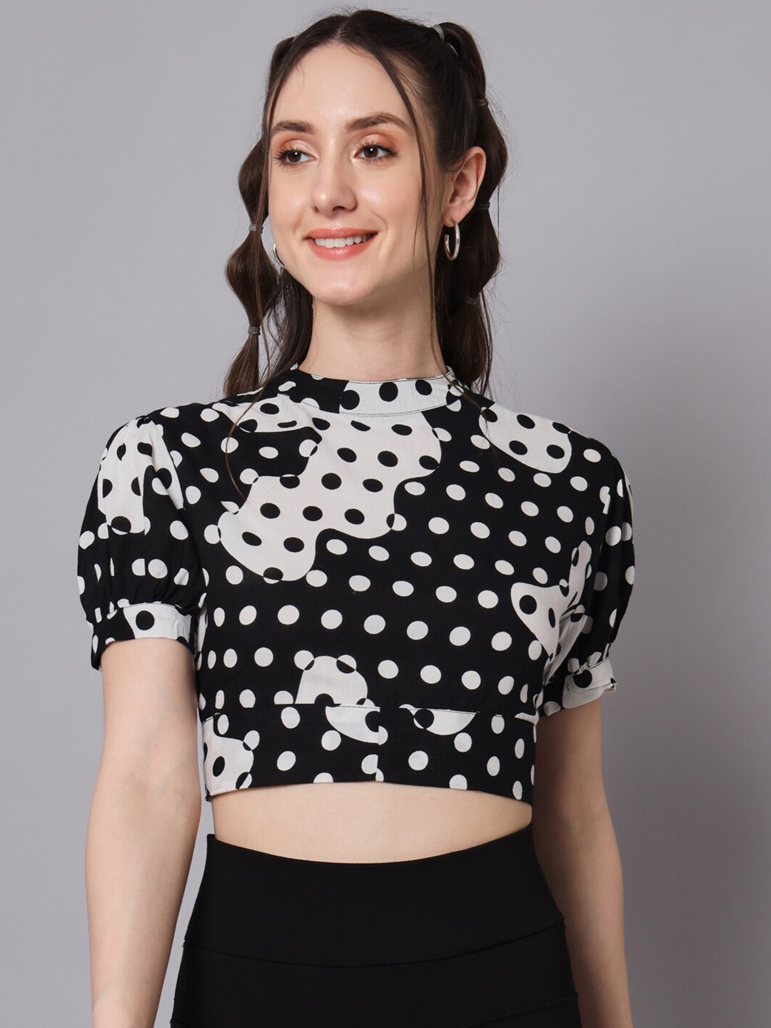 

The Dry State Polka Dot Printed High Neck Puff Sleeves Styled Back Crop Top, Black
