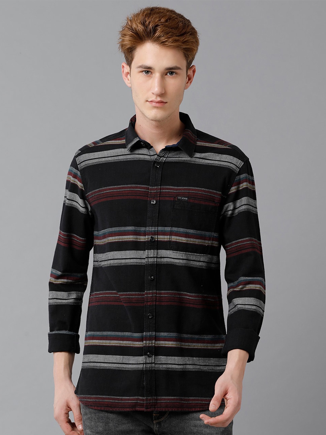 

Voi Jeans Horizontal Striped Slim Fit Pure Cotton Casual Shirt, Black