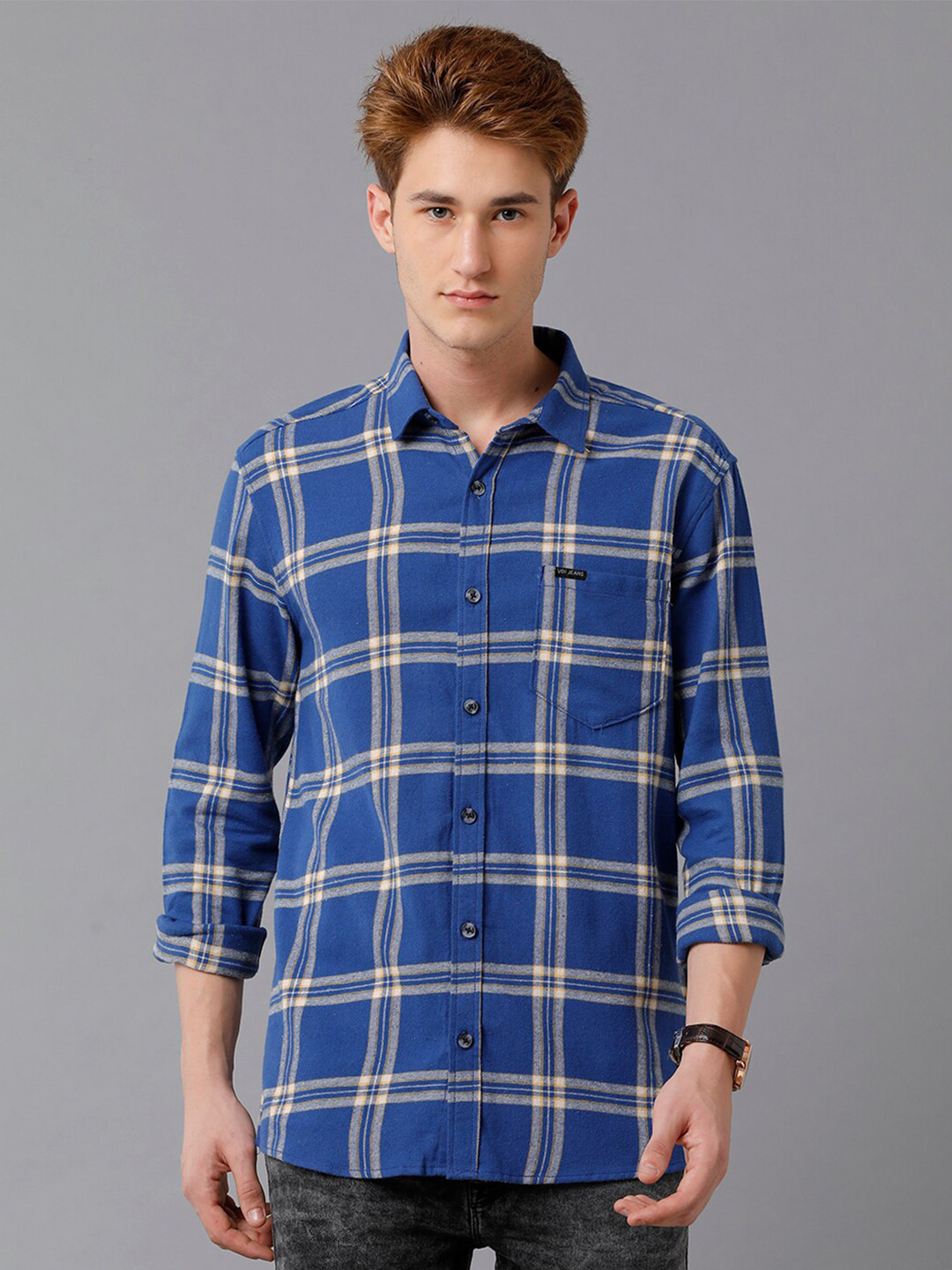 

Voi Jeans Slim Fit Checked Pure Cotton Casual Shirt, Blue