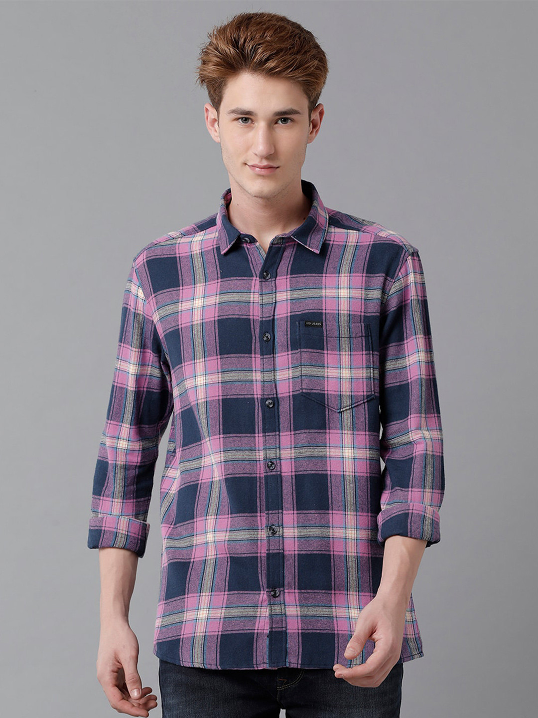

Voi Jeans Slim Fit Tartan Checked Pure Cotton Casual Shirt, Navy blue