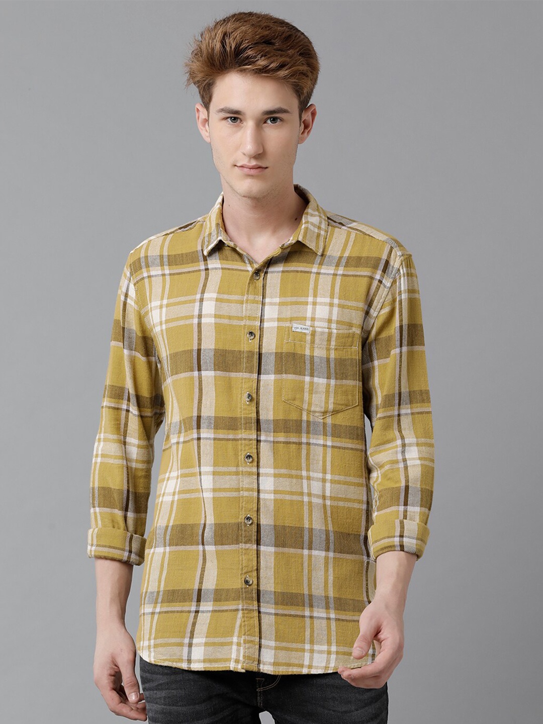 

Voi Jeans Tartan Checked Pure Cotton Casual Shirt, Green