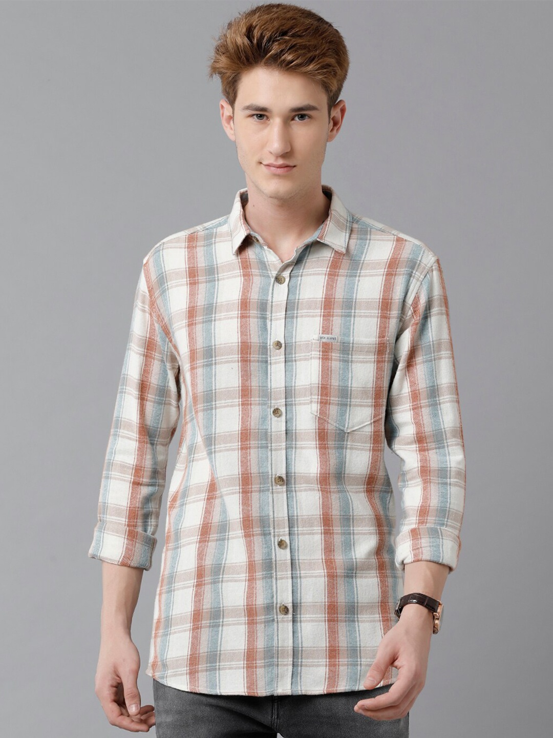 

Voi Jeans Slim Fit Opaque Checked Pure Cotton Casual Shirt, Beige