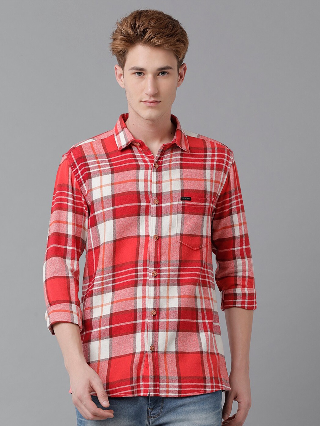 

Voi Jeans Slim Fit Tartan Checks Opaque Pure Cotton Casual Shirt, Red