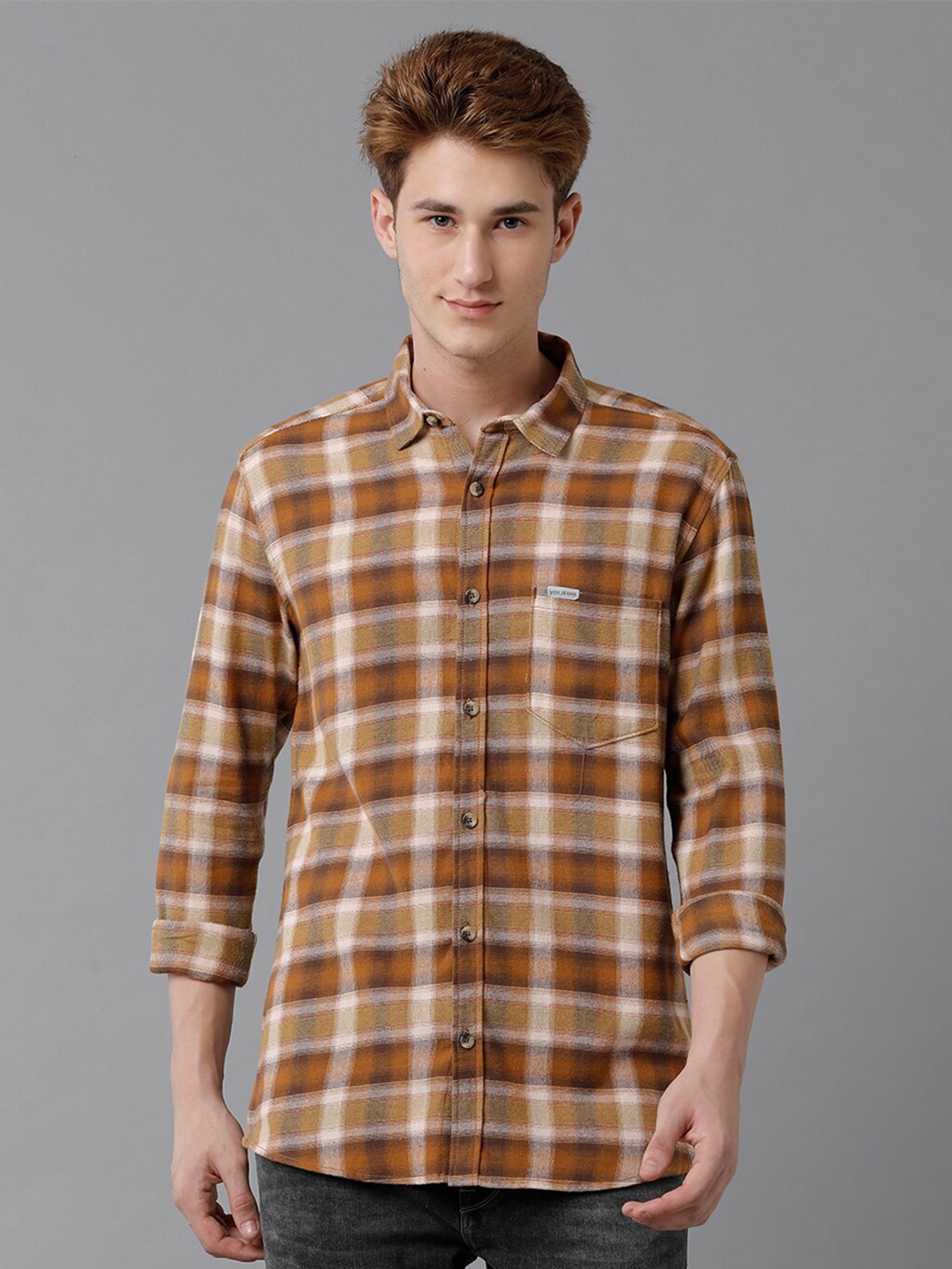 

Voi Jeans Tartan Checked Spread Collar Pure Cotton Slim Fit Casual Shirt, Brown