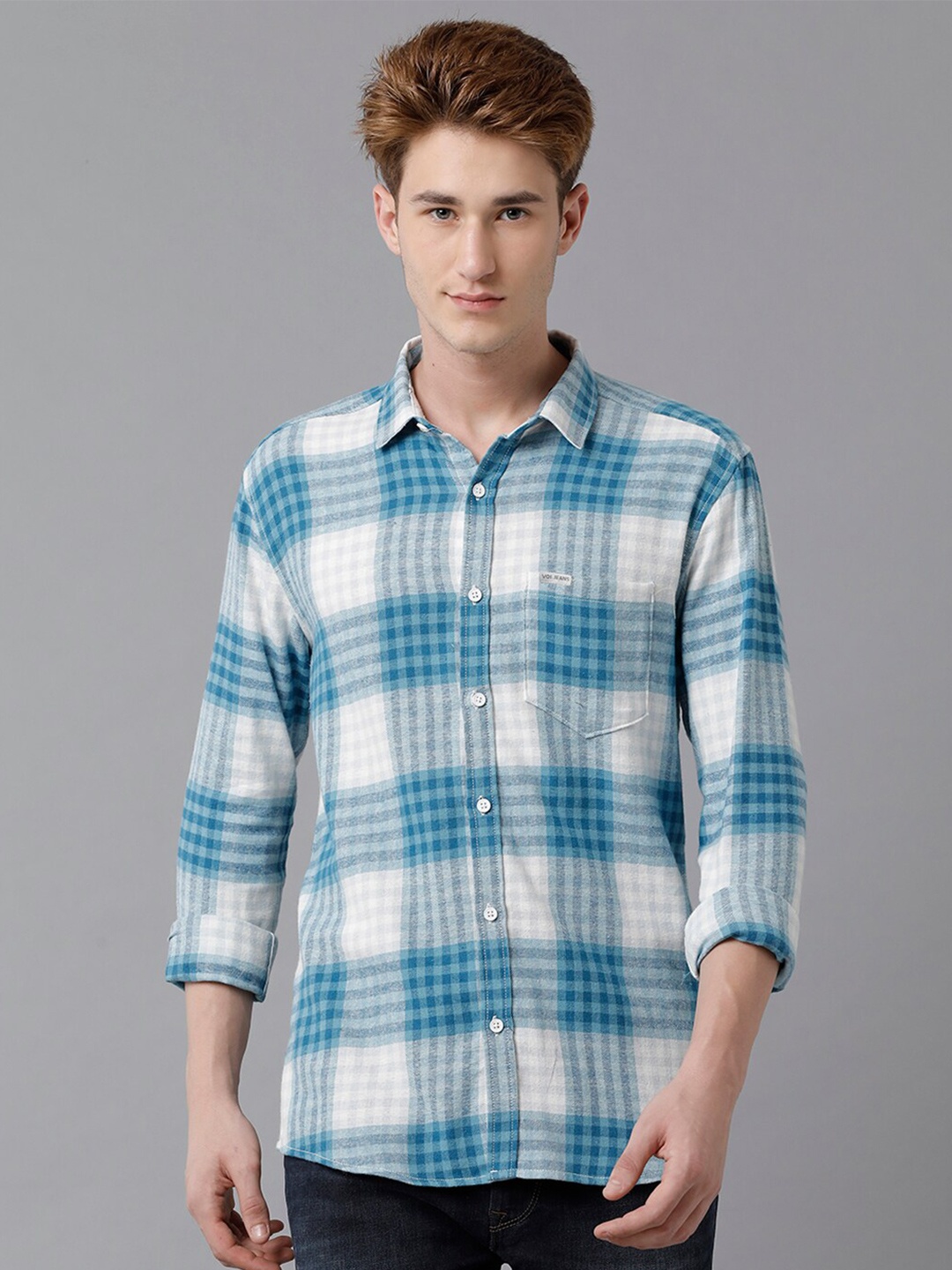 

Voi Jeans Tartan Checked Spread Collar Pure Cotton Slim Fit Casual Shirt, Blue