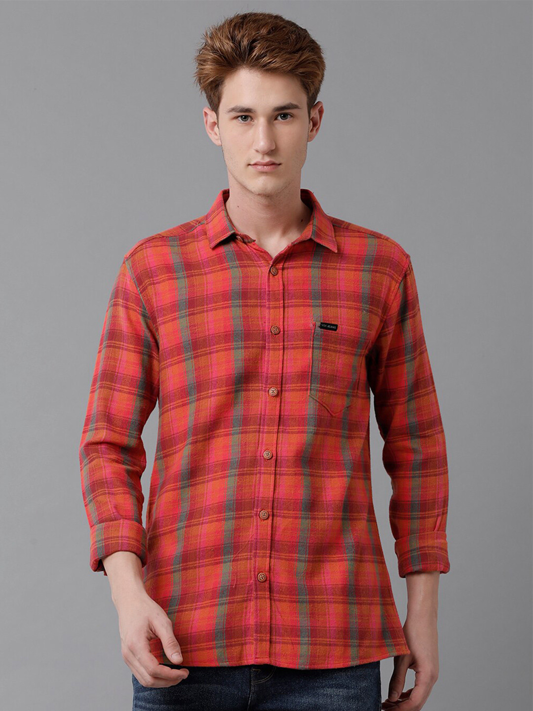 

Voi Jeans Checked Spread Collar Pure Cotton Slim Fit Casual Shirt, Orange