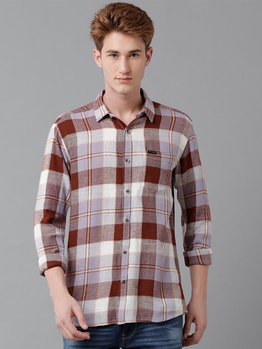 

Voi Jeans Tartan Checked Spread Collar Pure Cotton Slim Fit Casual Shirt, Brown