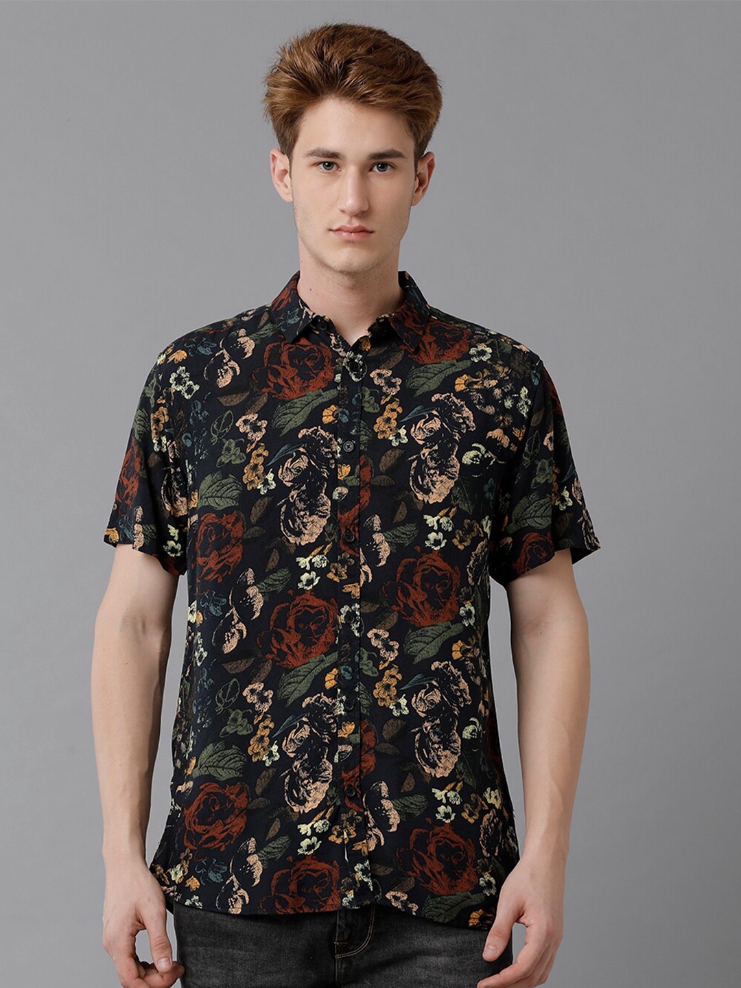

Voi Jeans Floral Printed Slim Fit Cotton Casual Shirt, Black