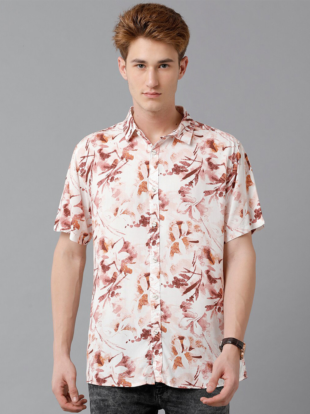 

Voi Jeans Floral Printed Sprad Collar Slim Fit Floral Opaque Casual Shirt, Off white