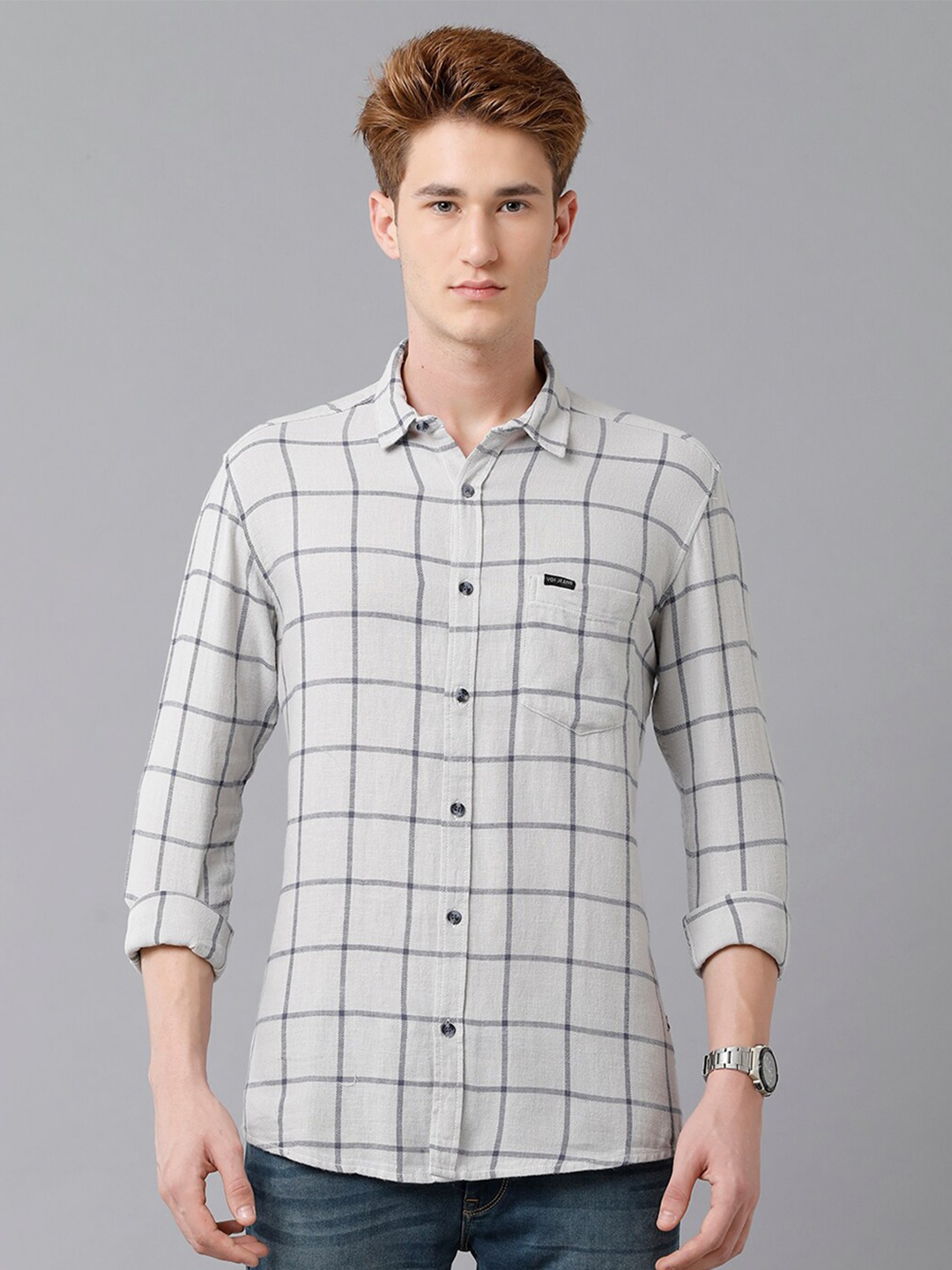 

Voi Jeans Slim Fit Windowpane Checked Pure Cotton Casual Shirt, Grey