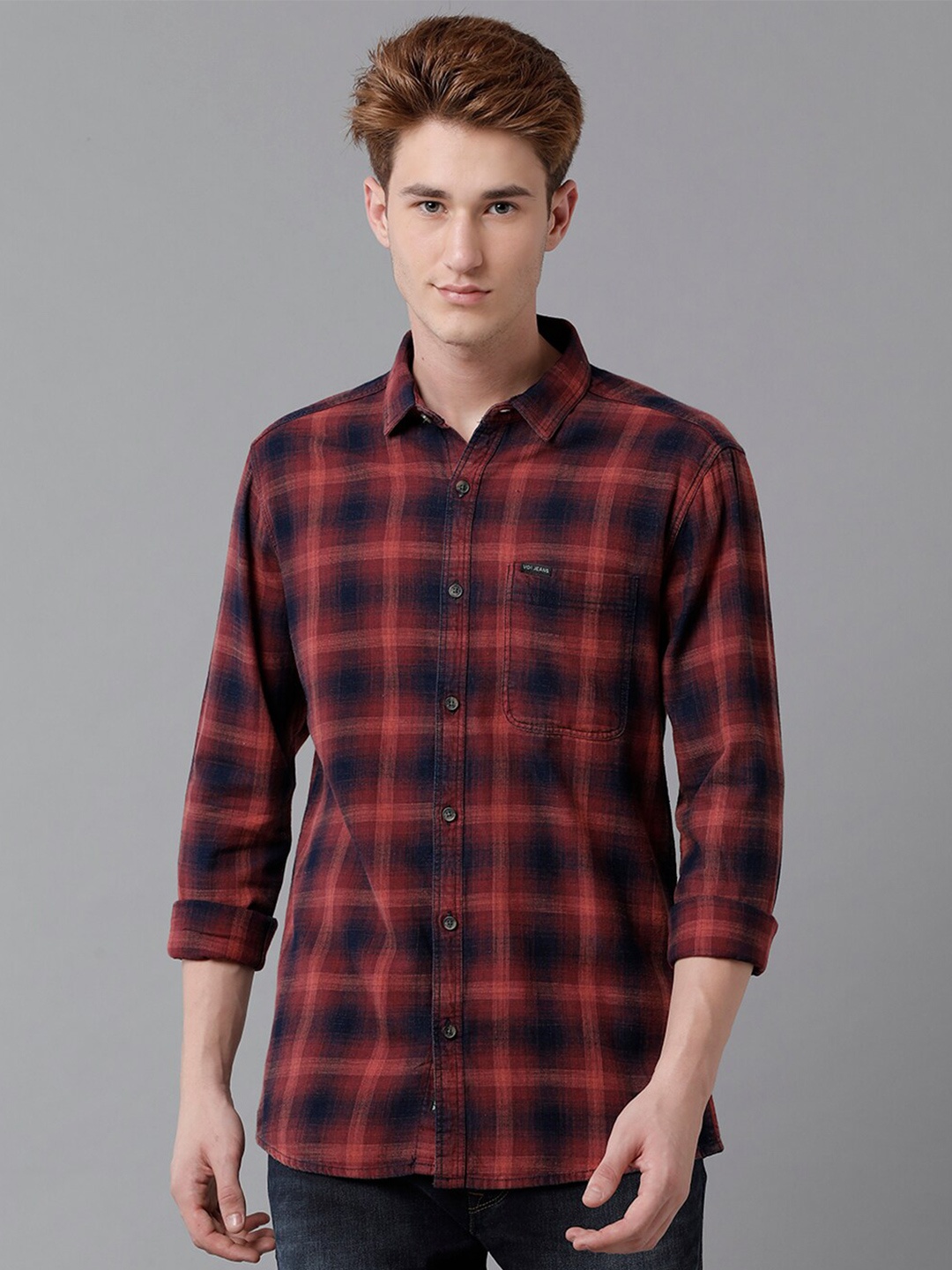 

Voi Jeans Tartan Checked Spread Collar Pure Cotton Slim Fit Casual Shirt, Red