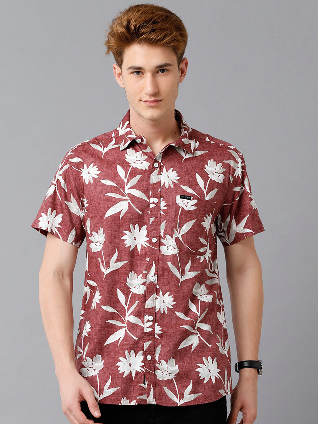 

Voi Jeans Men Floral Printed Slim Fit Casual Shirt, Maroon