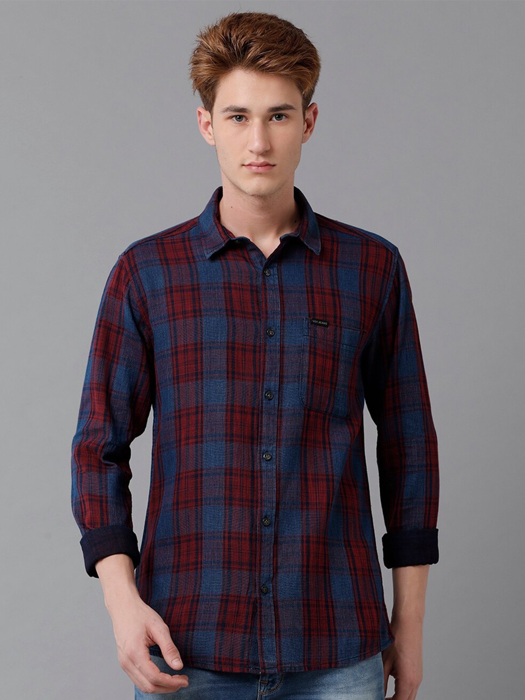 

Voi Jeans Spread Collar Slim Fit Tartan Checks Opaque Pure Cotton Casual Shirt, Blue