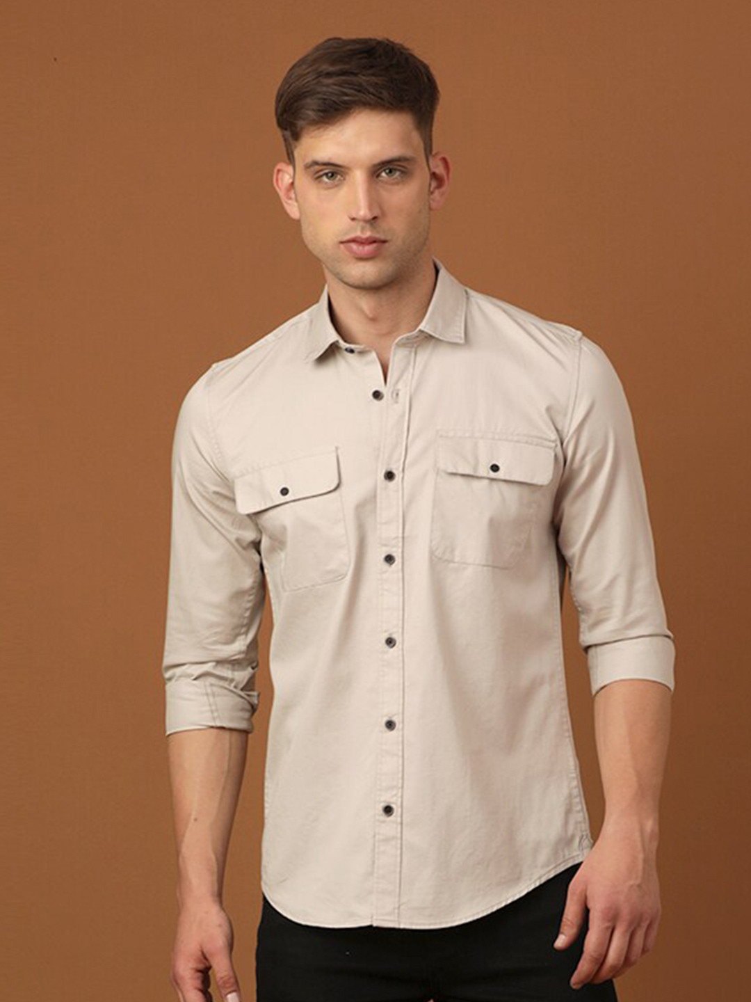 

FOGA New Spread Collar Twill Weave Pure Cotton Casual Shirt, Cream