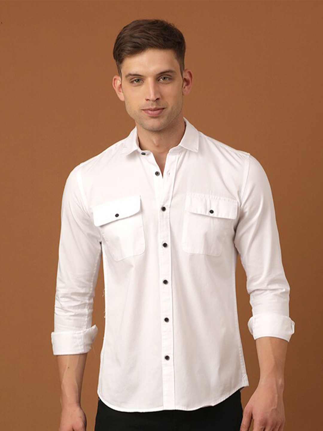 

FOGA New Spread Collar Twill Weave Pure Cotton Casual Shirt, White