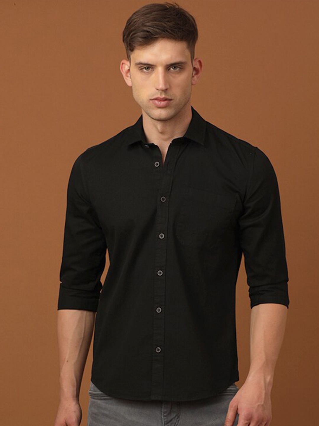 

FOGA Long Sleeves Pure Cotton Casual Shirt, Black