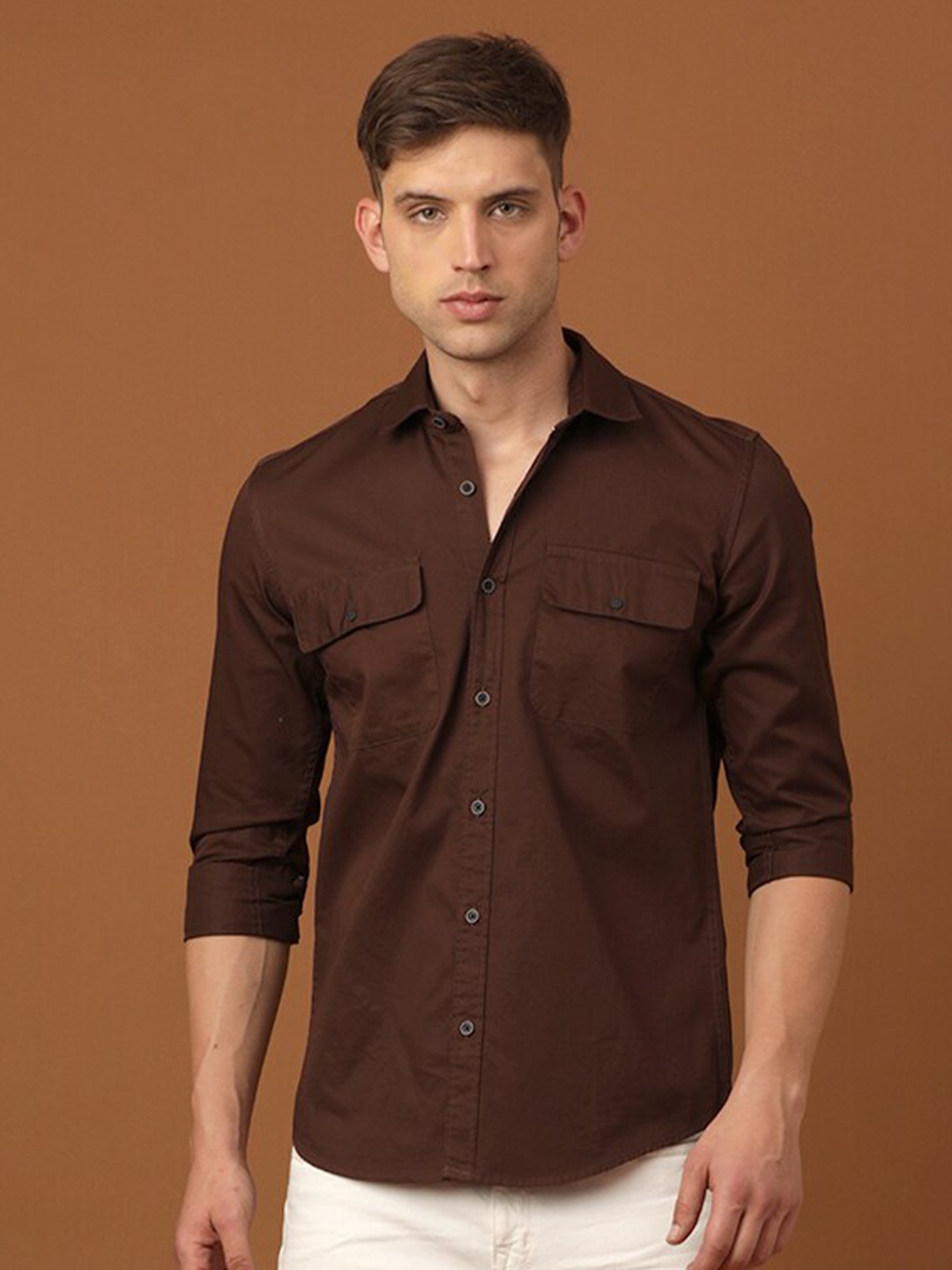 

FOGA New Spread Collar Twill Weave Pure Cotton Casual Shirt, Brown