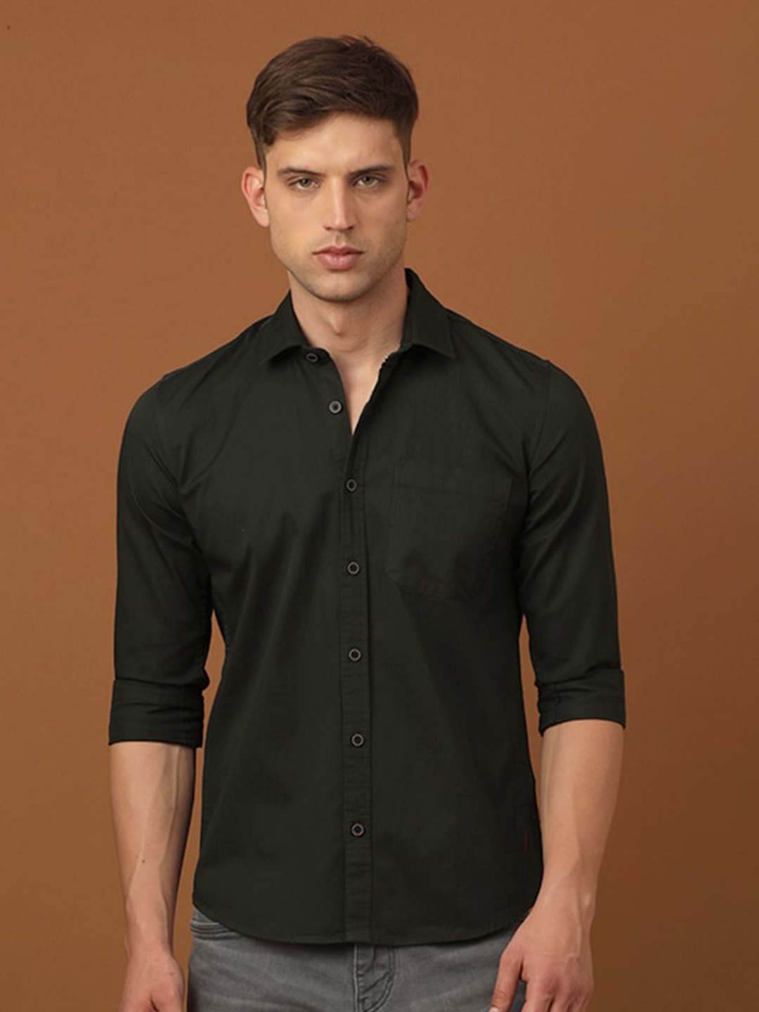 

FOGA New Spread Collar Pure Cotton Casual Shirt, Green