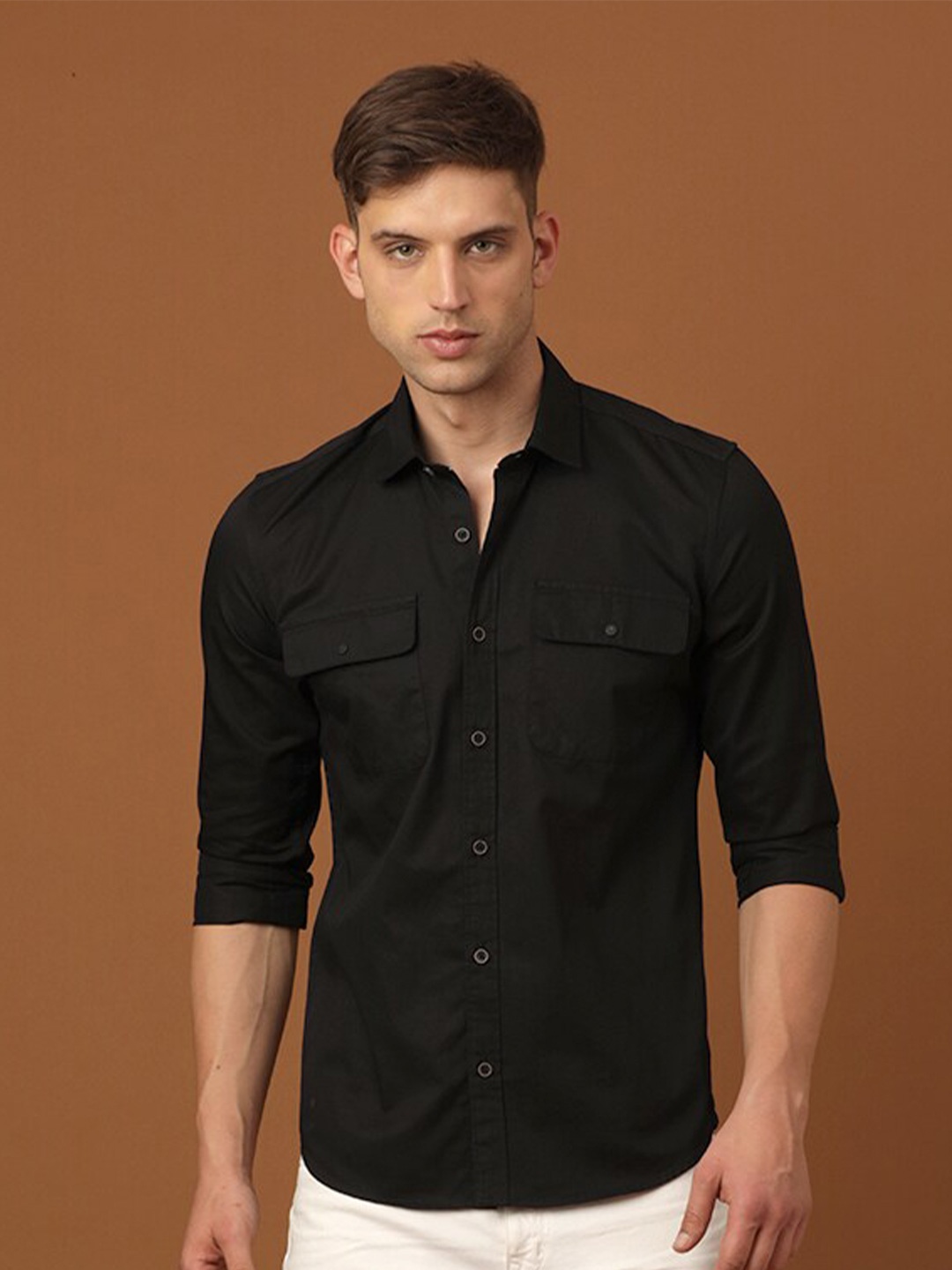 

FOGA Spread Collar Pure Cotton Casual Shirt, Black