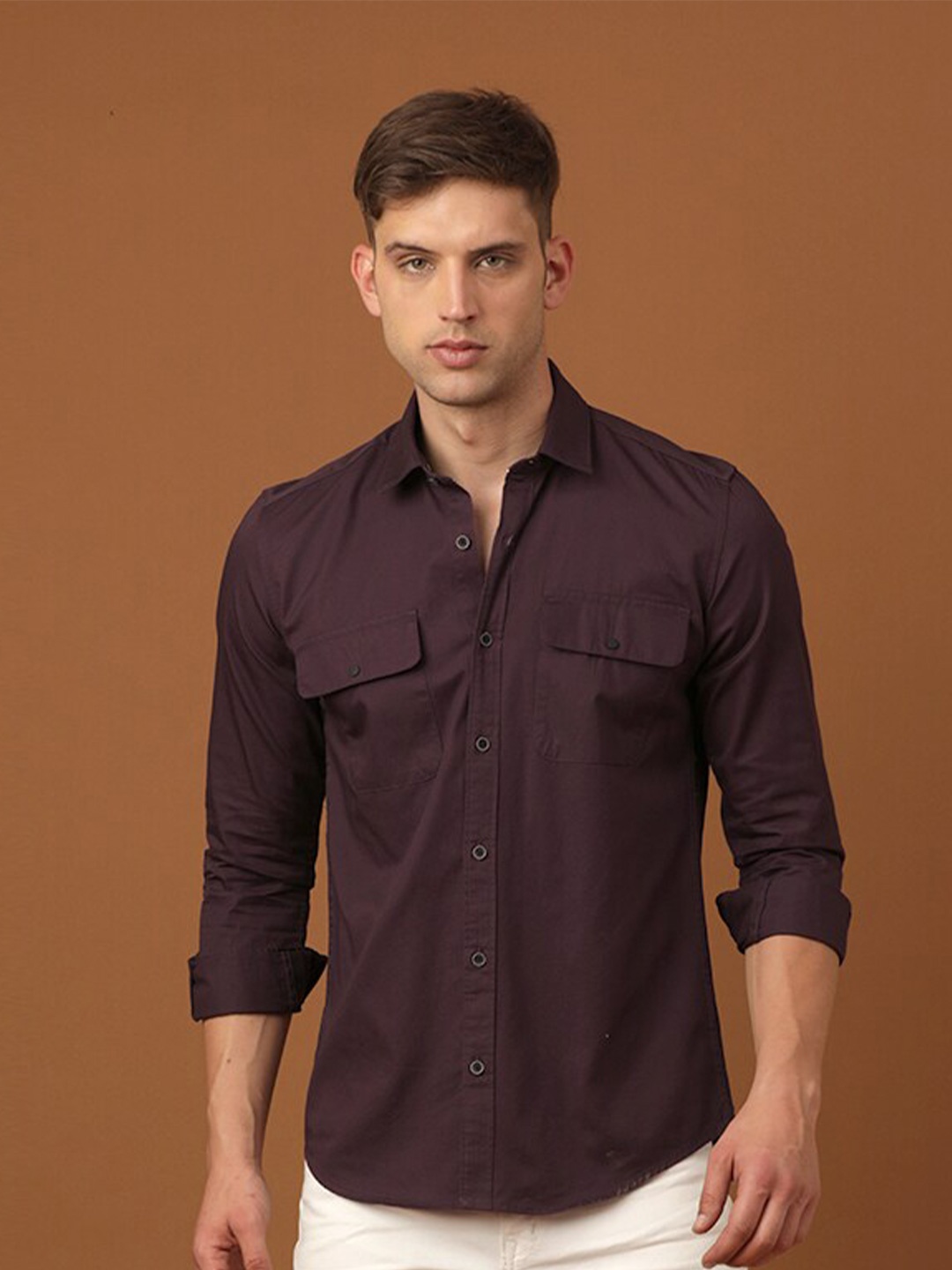 

FOGA New Spread Collar Twill Weave Pure Cotton Casual Shirt, Burgundy