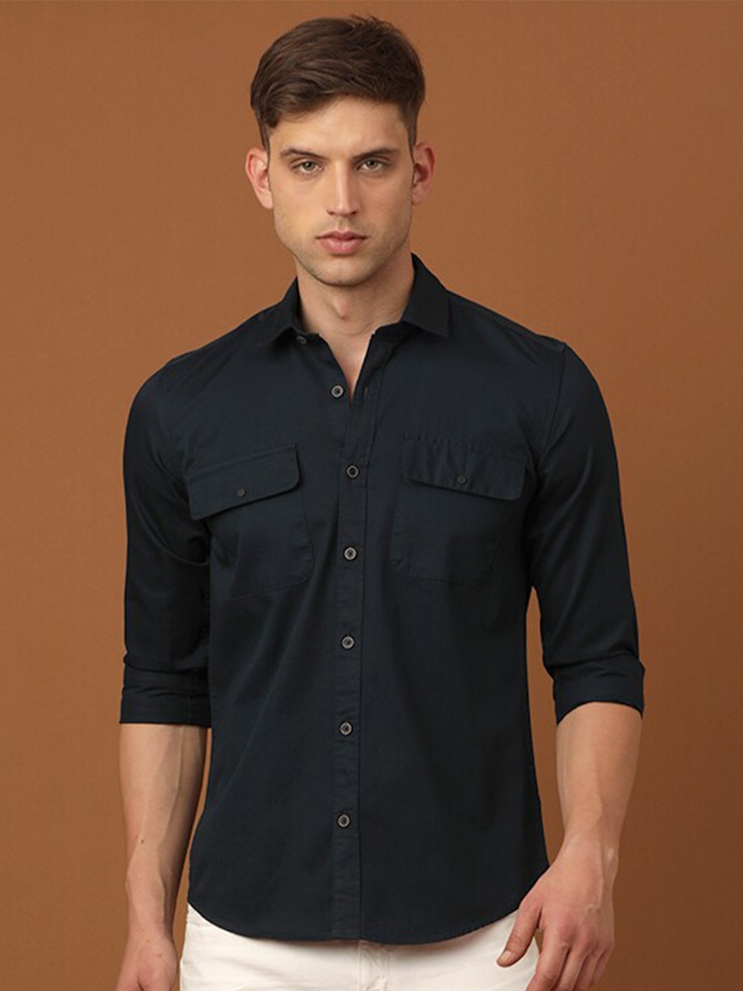 

FOGA Spread Collar Long Sleeves New Twill Pure Cotton Casual Shirt, Black