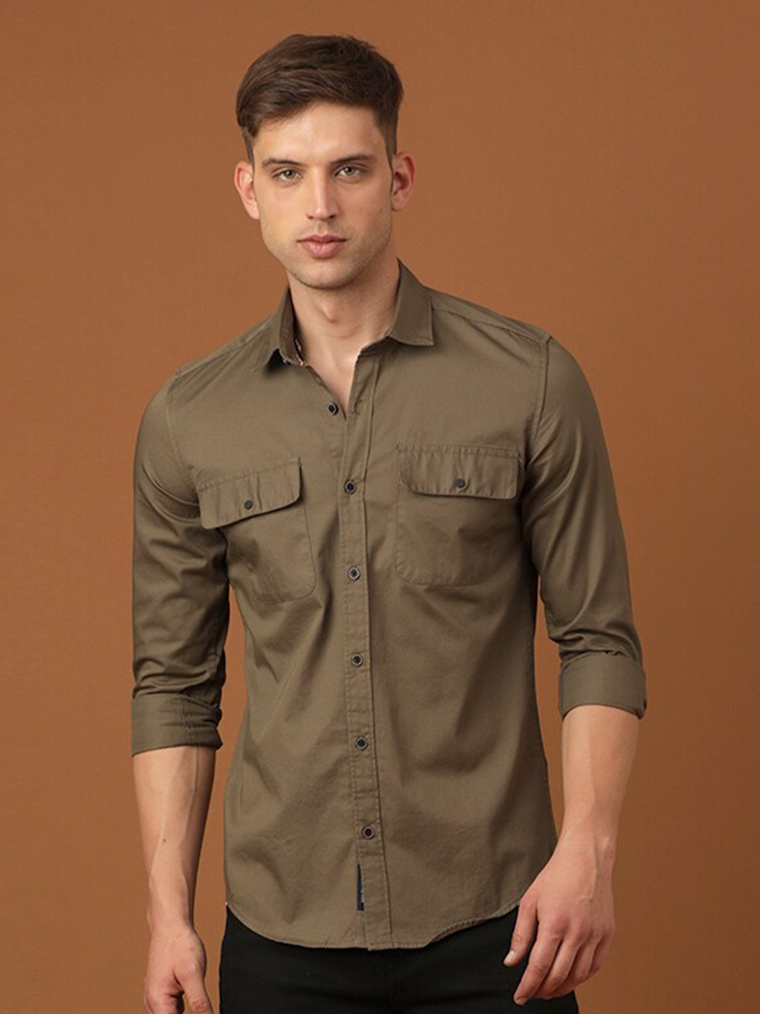

FOGA New Spread Collar Twill Weave Pure Cotton Casual Shirt, Brown