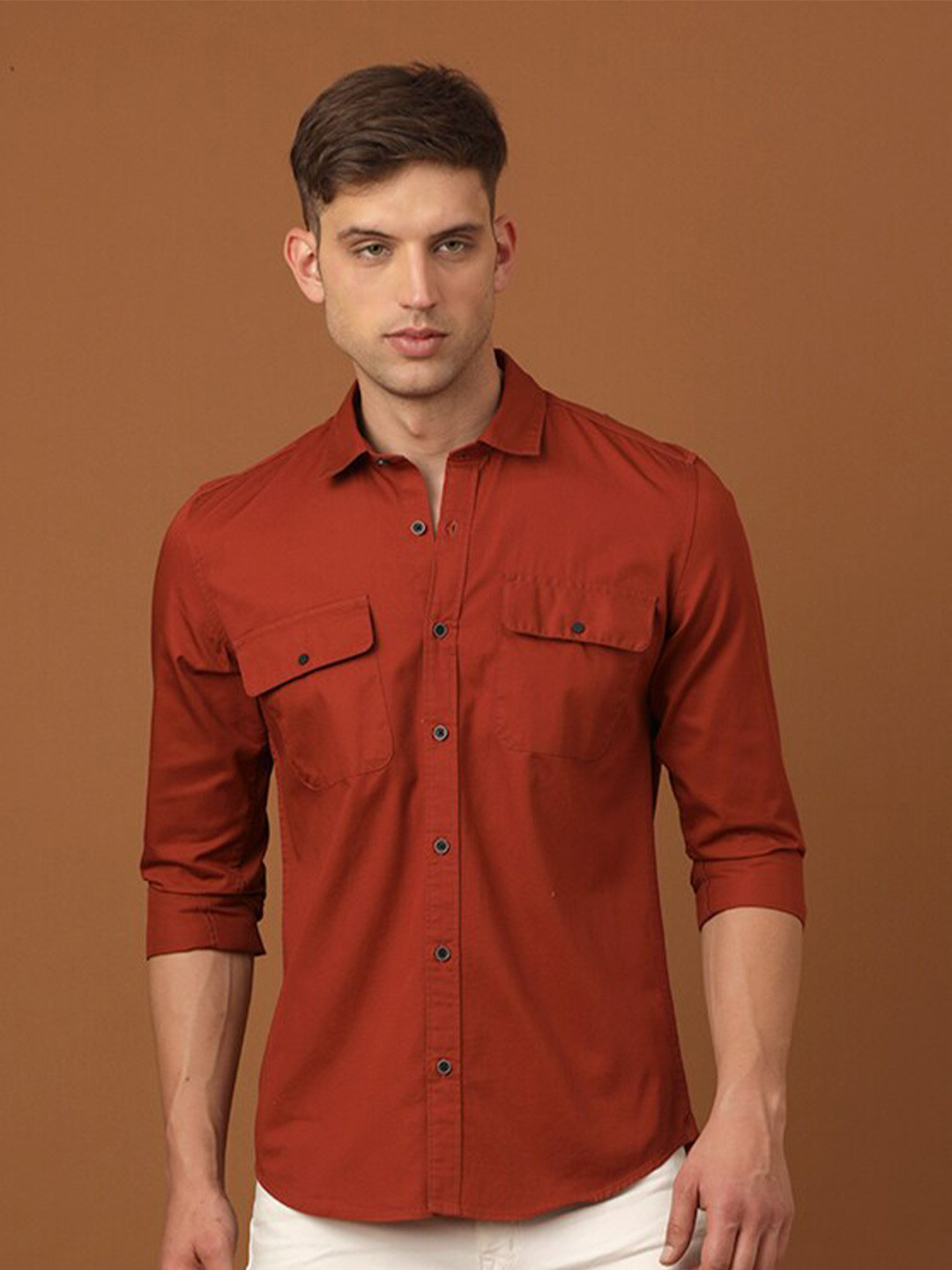 

FOGA New Spread Collar Twill Weave Pure Cotton Casual Shirt, Rust