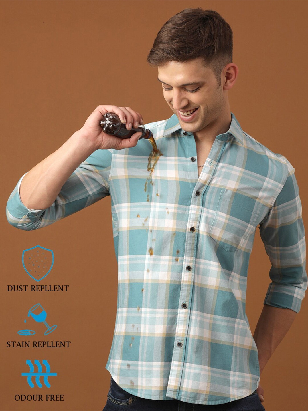 

FOGA Checked Odour Free Dust & Stain Repellent Pure Cotton Casual Shirt, Blue