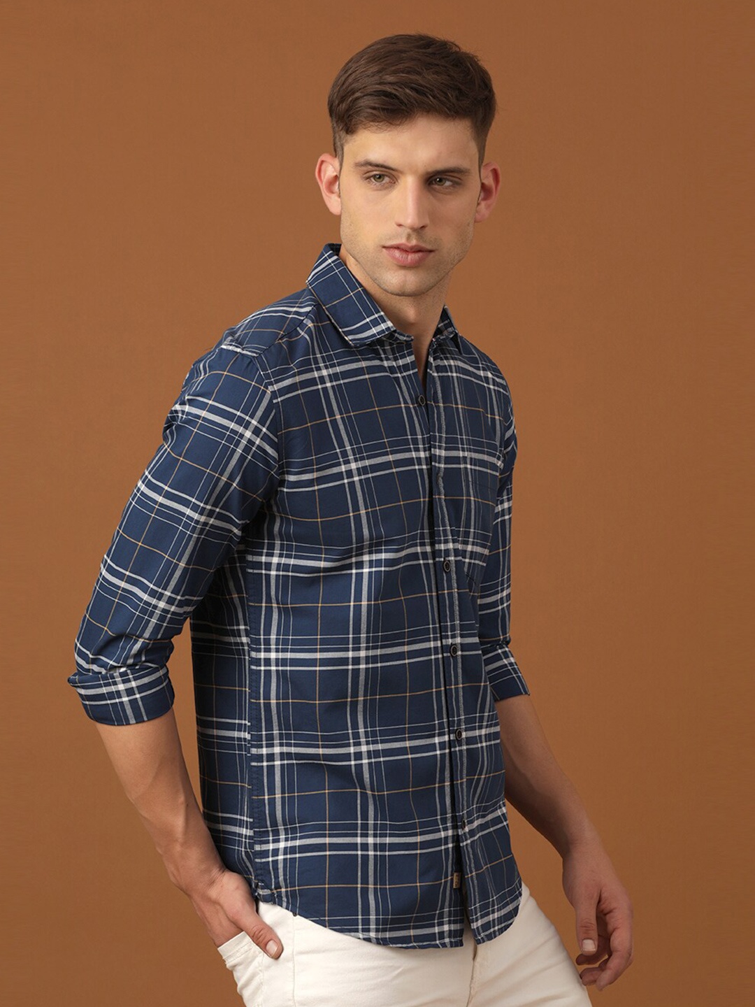 

FOGA New Checked Stain Repllent Pure Cotton Casual Shirt, Blue