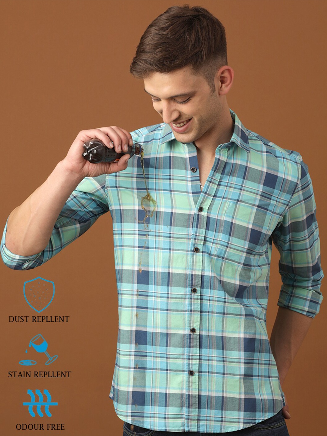 

FOGA New Checked Stain Repllent Pure Cotton Casual Shirt, Blue