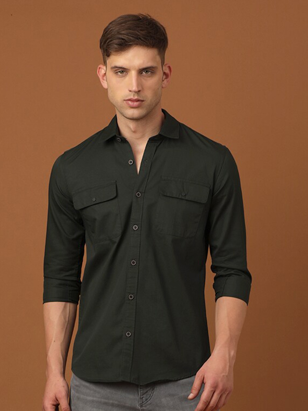 

FOGA Long Sleeves Pure Cotton Casual Shirt, Green