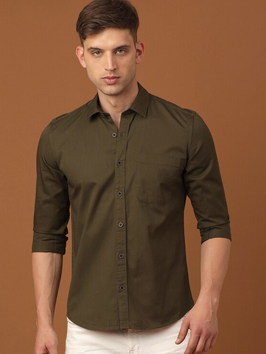 

FOGA Long Sleeves Pure Cotton Casual Shirt, Olive