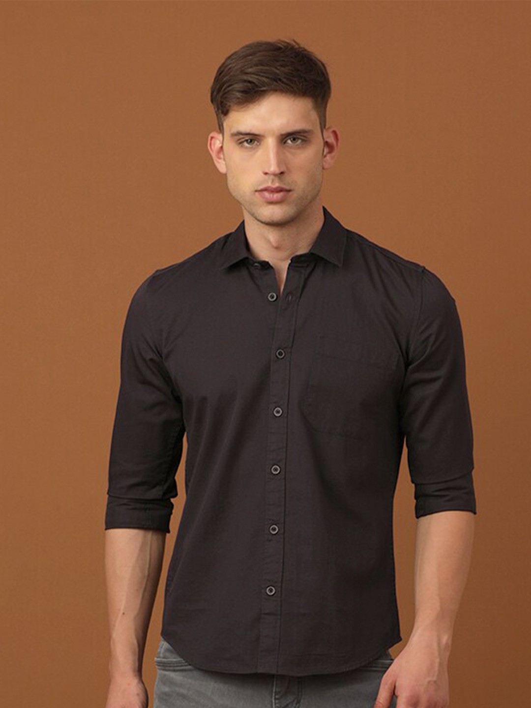 

FOGA New Spread Collar Pure Cotton Casual Shirt, Brown