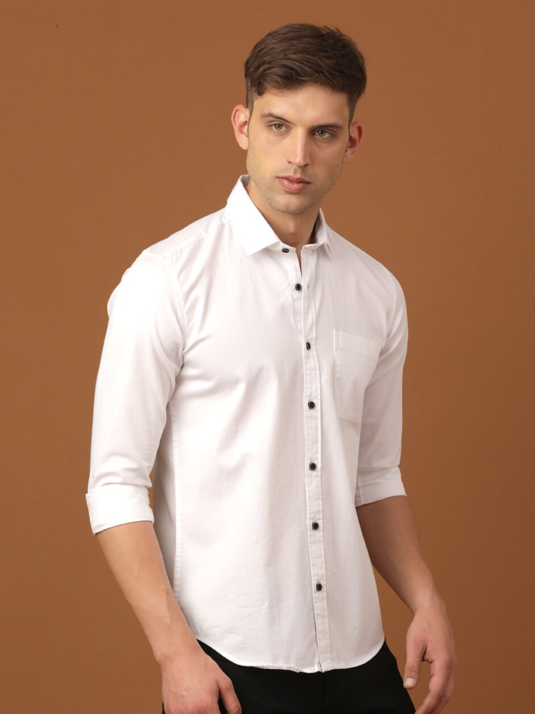 

FOGA Spread Collar Long Sleeves New Pure Cotton Casual Shirt, White