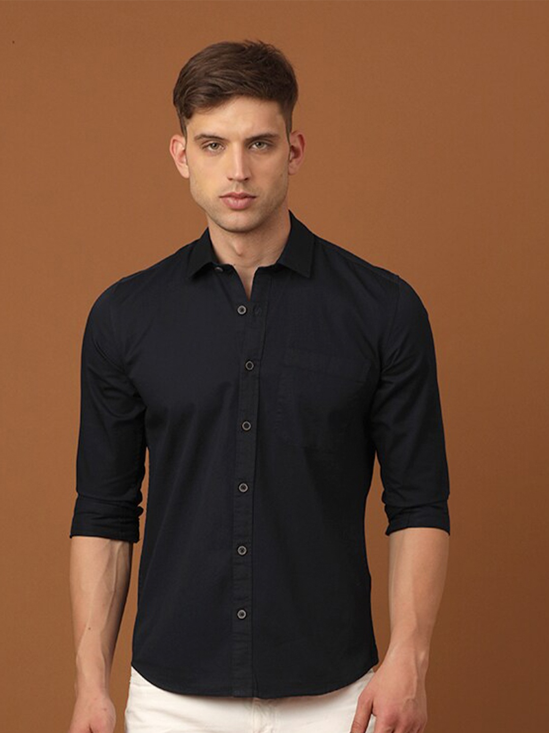 

FOGA Spread Collar Pure Cotton Casual Shirt, Black