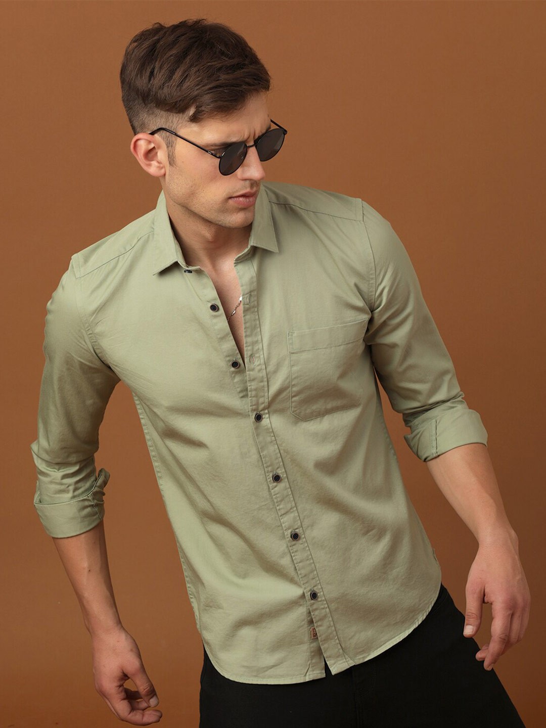 

FOGA Spread Collar Long Sleeves New Pure Cotton Casual Shirt, Olive